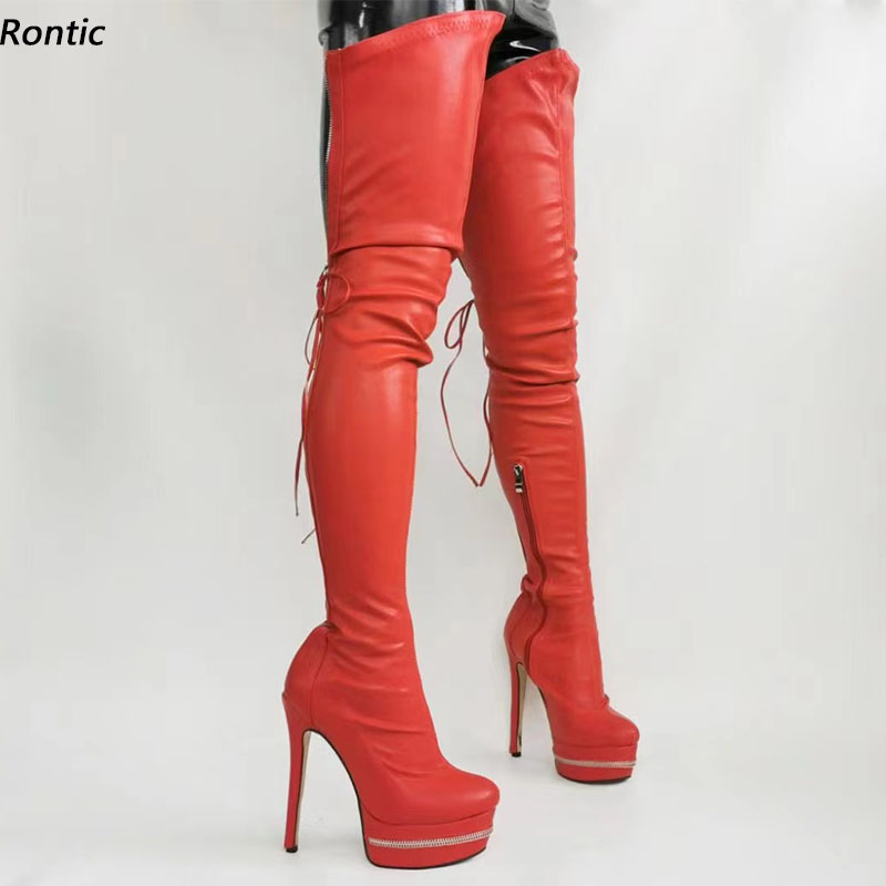 Women'S Shoes Yellow - Rontic อิตาเลี่ยนสไตล์ผู้หญิงฤดูใบไม้ผลิยืดต้นขารองเท้าเซ็กซี่ Stiletto รองเท้าส้นสูงรอบ Toe สวยสีแดงสีเหลืองรองเท้า