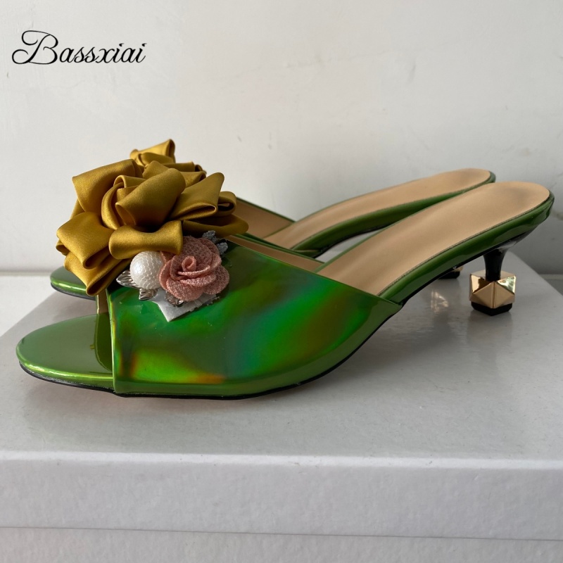 Women'S Shoes Kitten Heels - คริสตัลตกแต่ง Handmade ดอกไม้รองเท้าแตะผู้หญิงที่ไม่ซ้ํากัน Rivet ลูกแมวส้นสิทธิบัตรหนังรองเท้าหนังฤดูร้อนรองเท้า