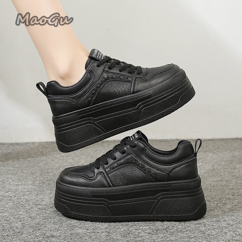 Women Shoes Store - รองเท้าผ้าใบเสริมส้นสีขาวสำหรับผู้หญิง แบบผูกเชือก พื้นหนา สไตล์ลำลอง ระบายอากาศได้ดี หนังแท้