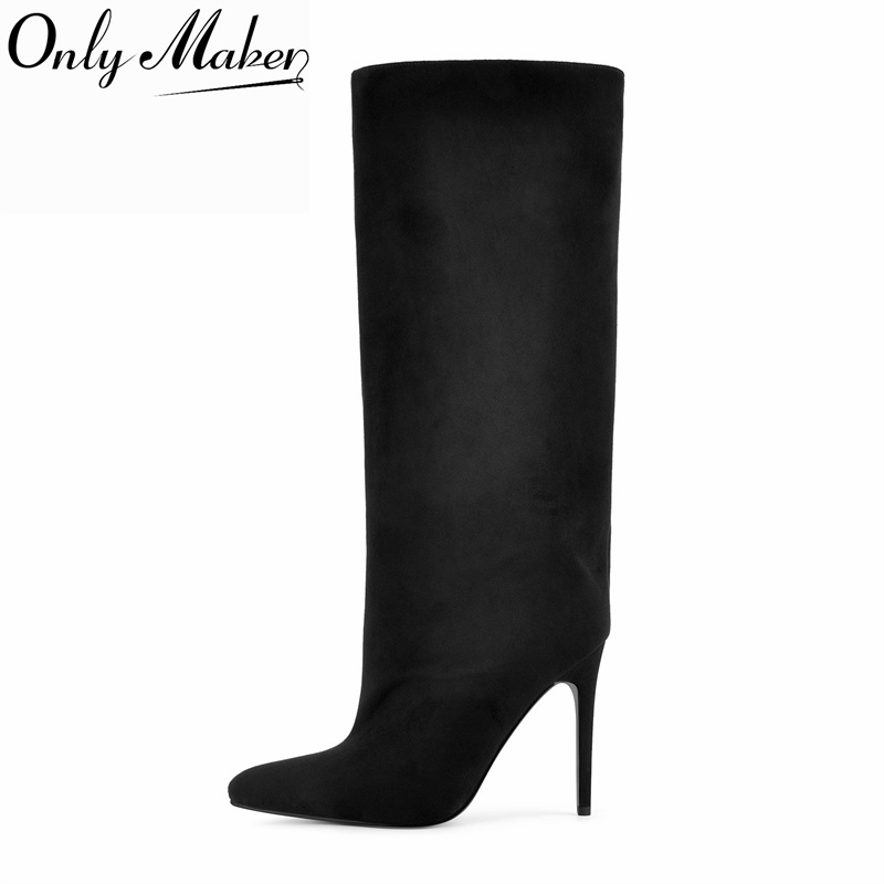 Women'S Shoes Extra Wide - รองเท้าบูทหุ้มข้อสูงสีดำหนังกลับเทียมทรงกว้าง ปลายแหลม ส้นเข็ม สวมใส่ง่าย สำหรับฤดูใบไม้ร่วง ฤดูหนาว
