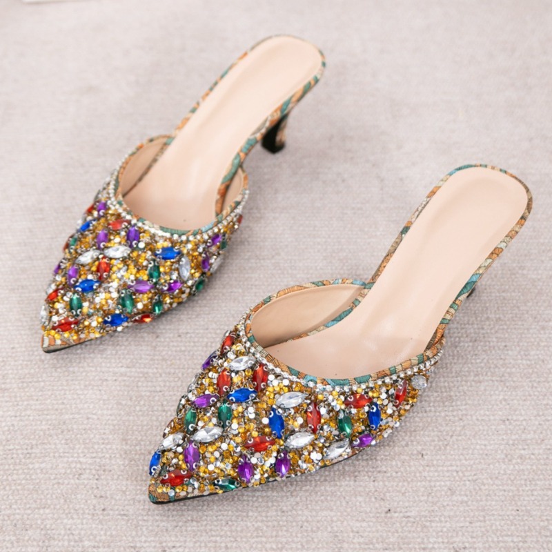 Women'S Shoes Kitten Heels - รองเท้าส้นเตี้ยประดับเพชรหรูหราสำหรับผู้หญิง รองเท้าสไลด์หัวแหลม รองเท้ามูลดีไซเนอร์ รองเท้าสำหรับงานปาร์ตี้ รองเท้าส้นสูงแฟชั่น รองเท้าแตะผู้หญิง