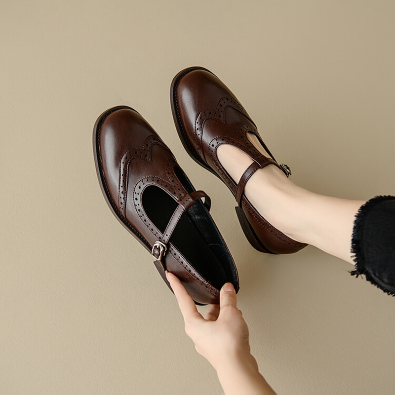 Mary Jane Shoes - รองเท้าส้นสูงสำหรับผู้หญิง, รองเท้าส้นเตี้ยรองเท้าหนังสำหรับรองเท้าสตรีหัวกลมฤดูใบไม้ร่วง/ฤดูใบไม้ผลิรองเท้าออกซ์ฟอร์ด