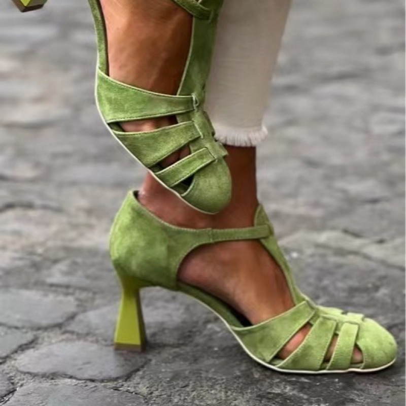 Women'S Shoes Kitten Heels - รองเท้าส้นเตี้ยแบบ T-Strap สีเขียวหนังกลับสำหรับผู้หญิง ปิดนิ้วเท้า ระบายอากาศได้ดี เหมาะสำหรับใส่ทำงานในฤดูร้อน