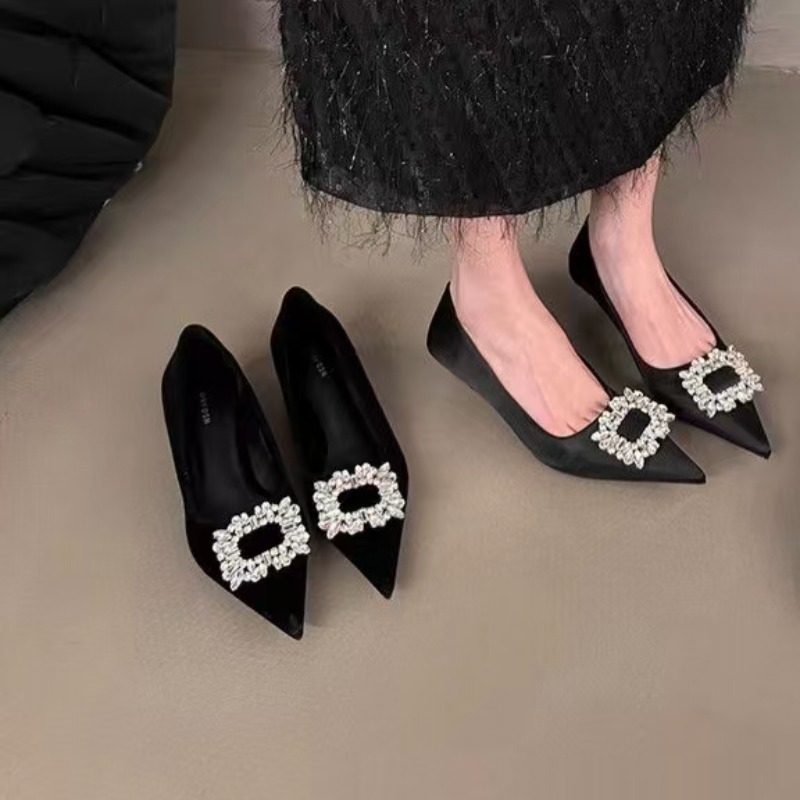 Women'S Shoes Kitten Heels - รองเท้าส้นสูงสตรีแบบหัวเหลี่ยมประดับเพชรเทียม ส้นเตี้ย ส้นสูง แฟชั่นสำหรับใส่ในชีวิตประจำวัน