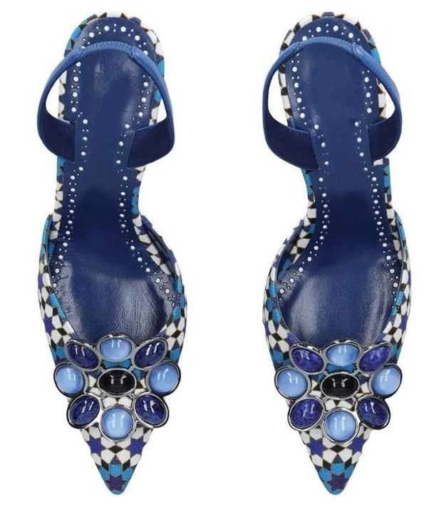 Women'S Shoes Kitten Heels - รองเท้าส้นสูงแบบสลิงแบ็คสำหรับผู้หญิง ลายโมเสกเรขาคณิต หัวแหลม ประดับอัญมณีรูปดอกไม้ ส้นโค้งแบบคิตเทนฮีล เหมาะสำหรับงานเลี้ยงตอนเย็น