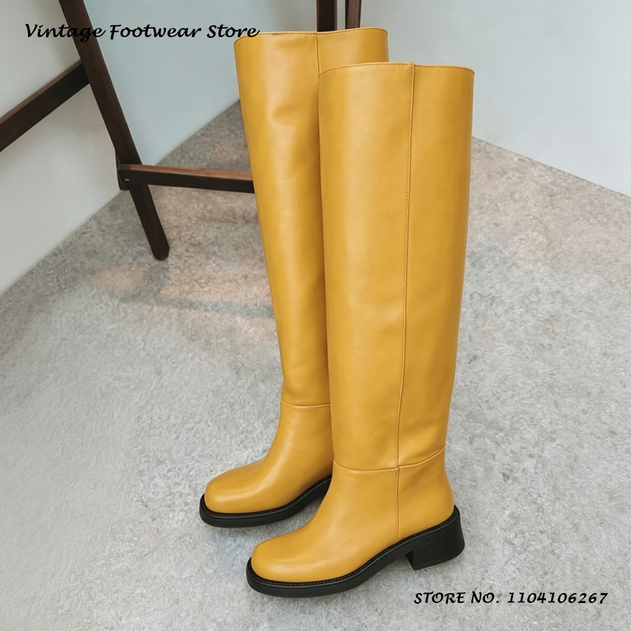 Women'S Shoes Yellow - รองเท้าบูทหนัง PU สีเหลือง ทรงสูงถึงเข่า หัวเหลี่ยมเรียบง่าย ส้นหนา