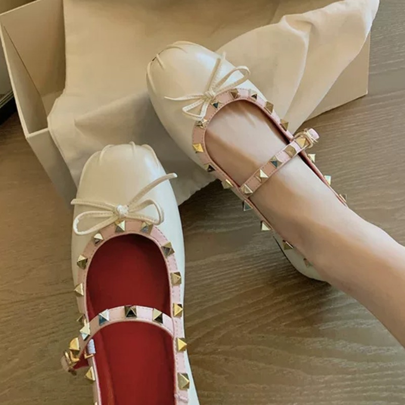 Mary Jane Shoes - รองเท้าส้นแบนผู้หญิงแบบแมรี่เจน รองเท้าบัลเล่ต์ผูกโบว์ สายรัดหัวเข็มขัด หัวเหลี่ยม สีแดง Zapatillas