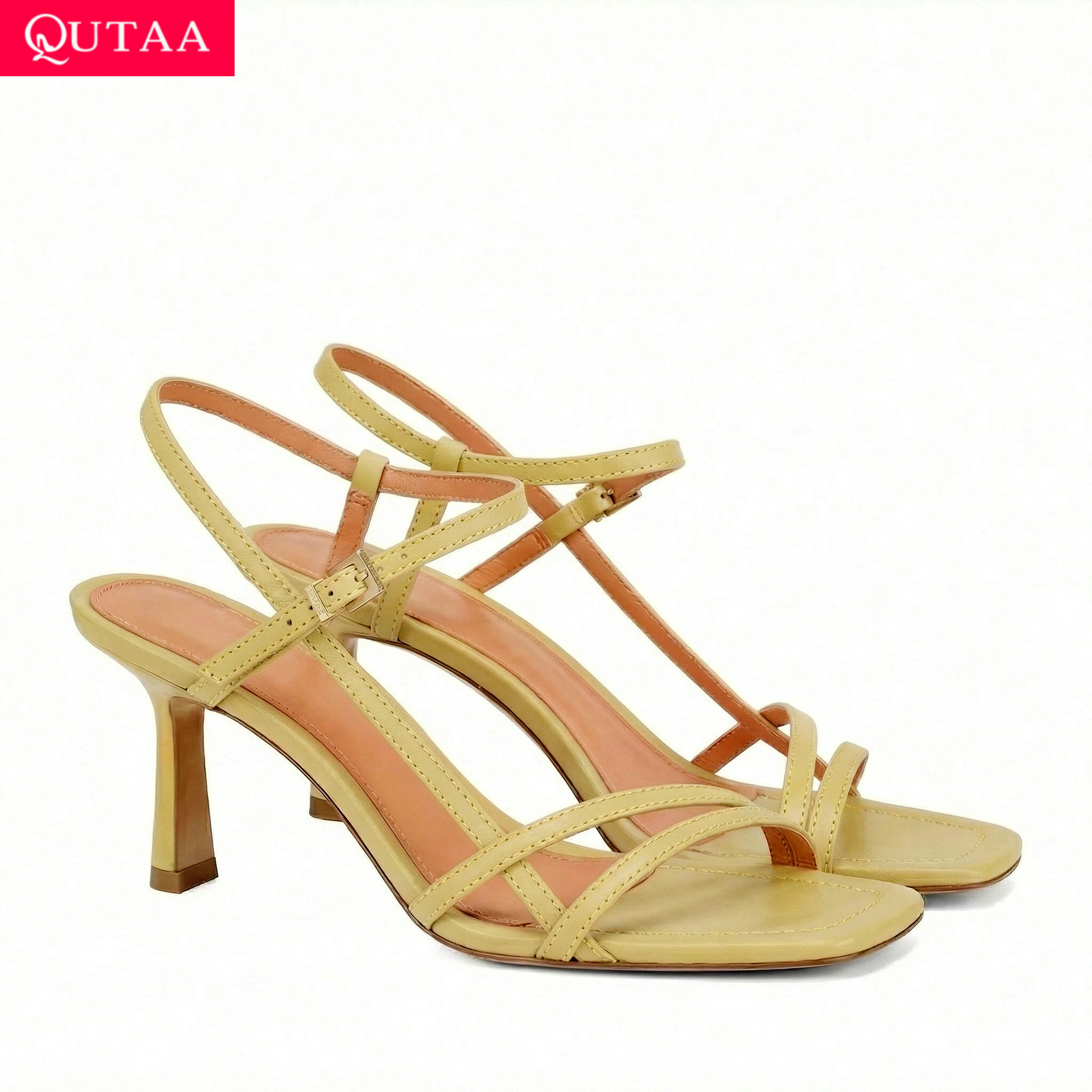 Women'S Shoes Kitten Heels - QUTAA แฟชั่นรองเท้าส้นสูงผู้หญิงรองเท้าแตะฤดูร้อนรองเท้าสลิงแบ็คหนังสแควร์เปิดนิ้วเท้าสายรัดข้อเท้ารองเท้าปาร์ตี้ 34-43